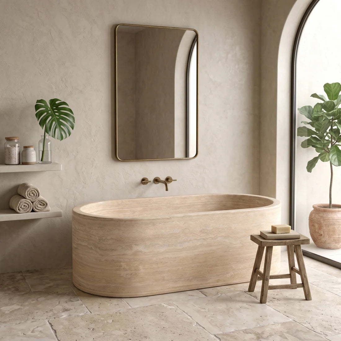 Beige Travertine Freestanding Bathtub - Elliptical