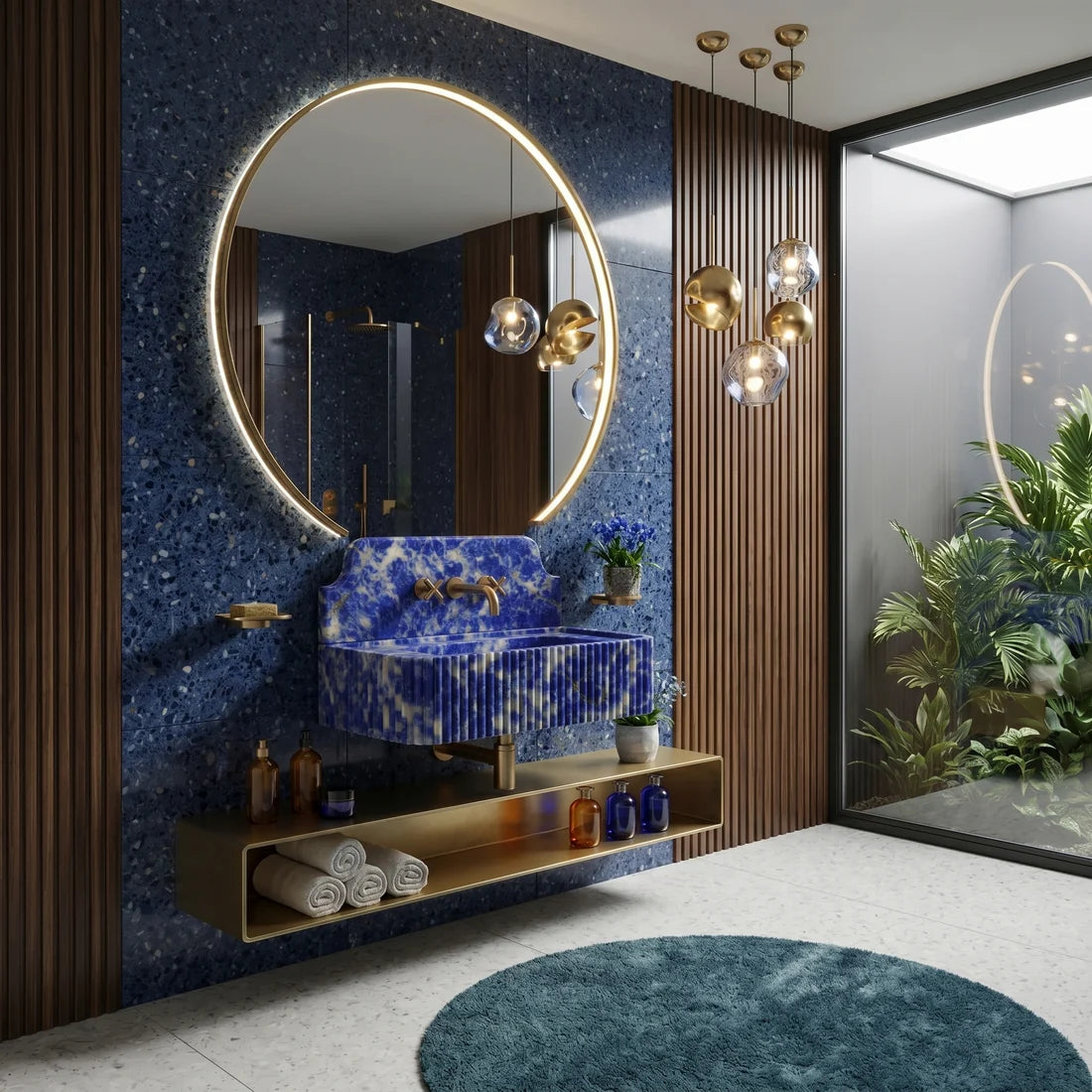 Blue Sodalite Marble Backsplash Sink - Fluted