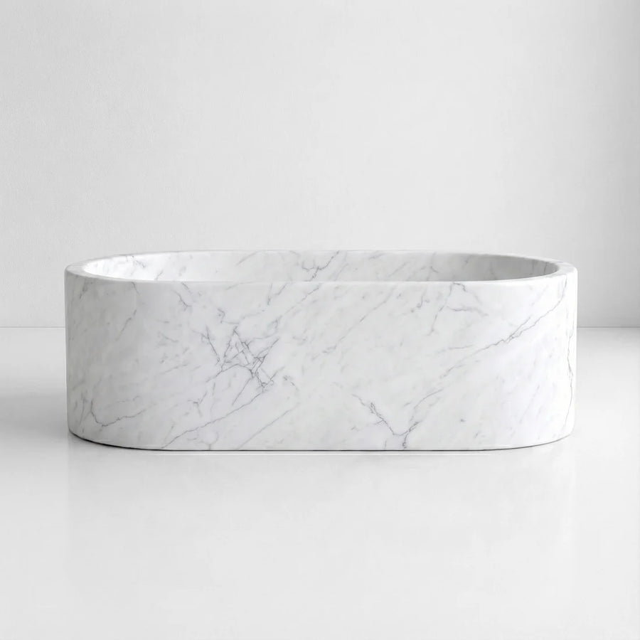 White Carrara Marble Freestanding Bathtub - Elliptical