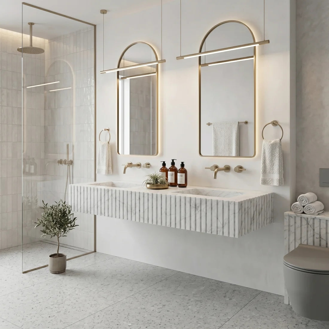 White Carrara Marble Double Sink - Fluted