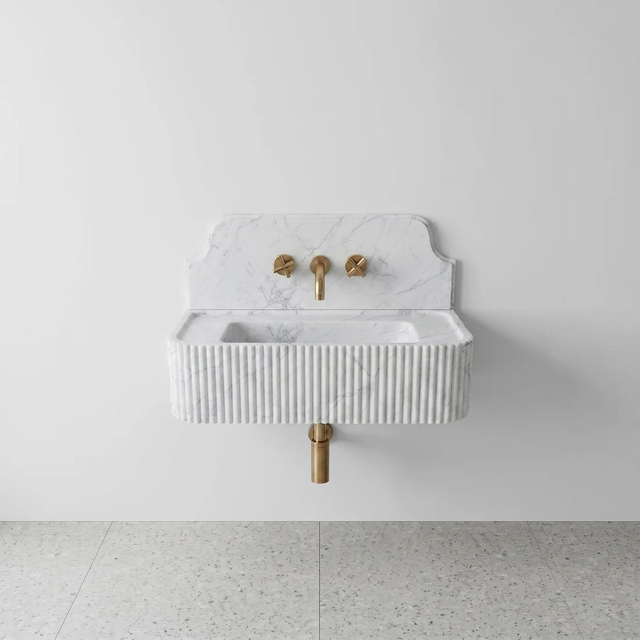 White Carrara Marble Backsplash Sink - Fluted