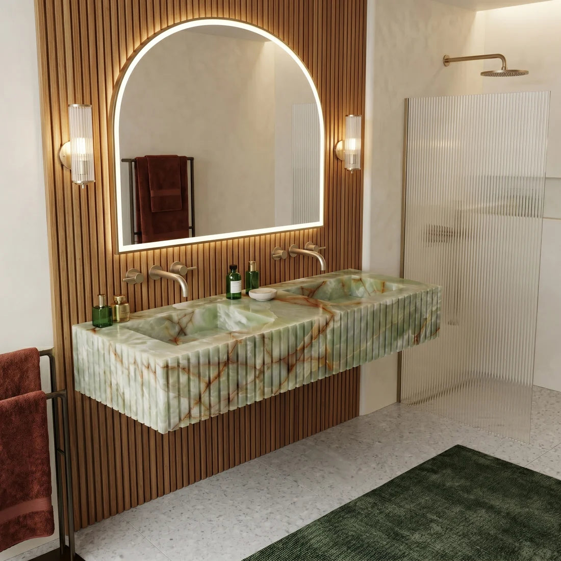 Green Guatemala Marble Double Sink - Fluted