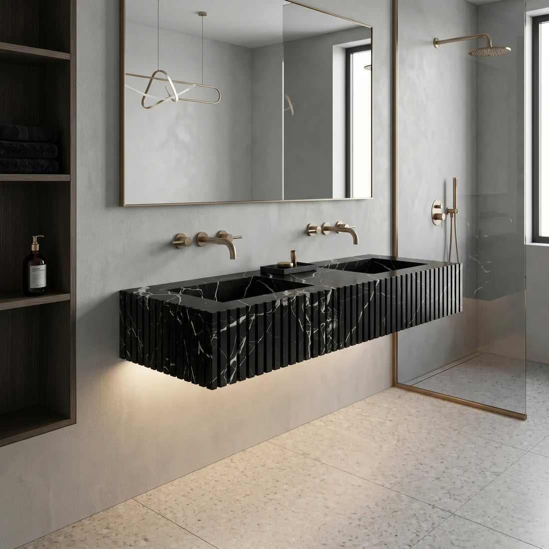 Nero Marquina Marble Double Sink - Fluted