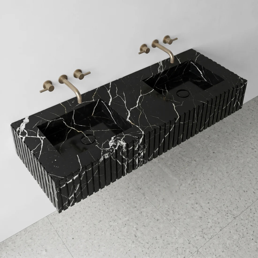 Nero Marquina Marble Double Sink - Fluted