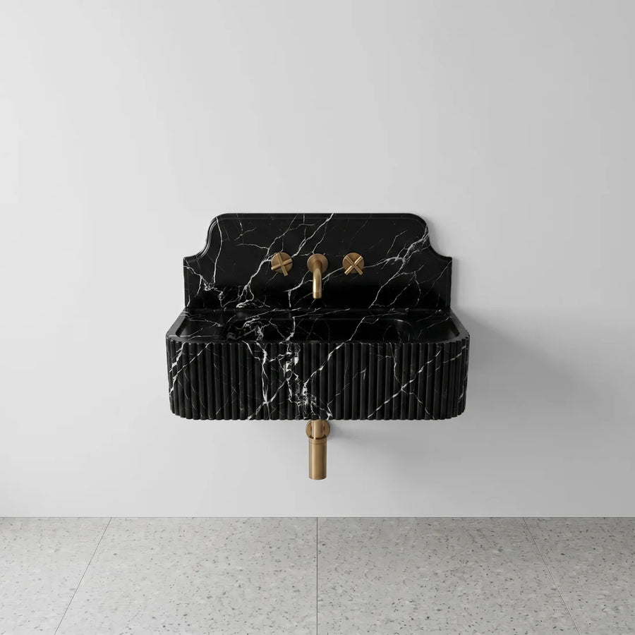 Nero Marquina Marble Backsplash Sink - Fluted