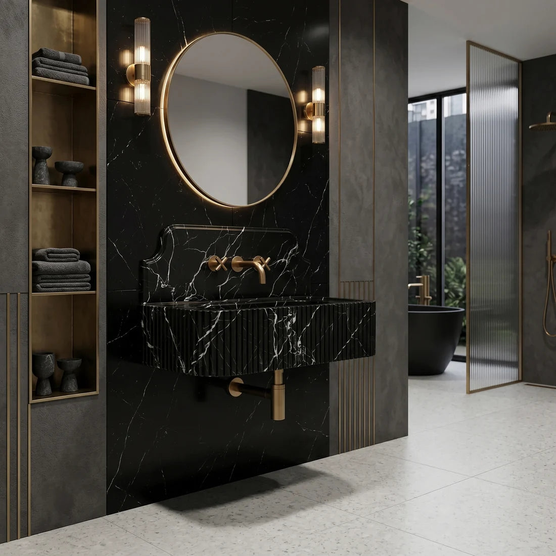 Nero Marquina Marble Backsplash Sink - Fluted
