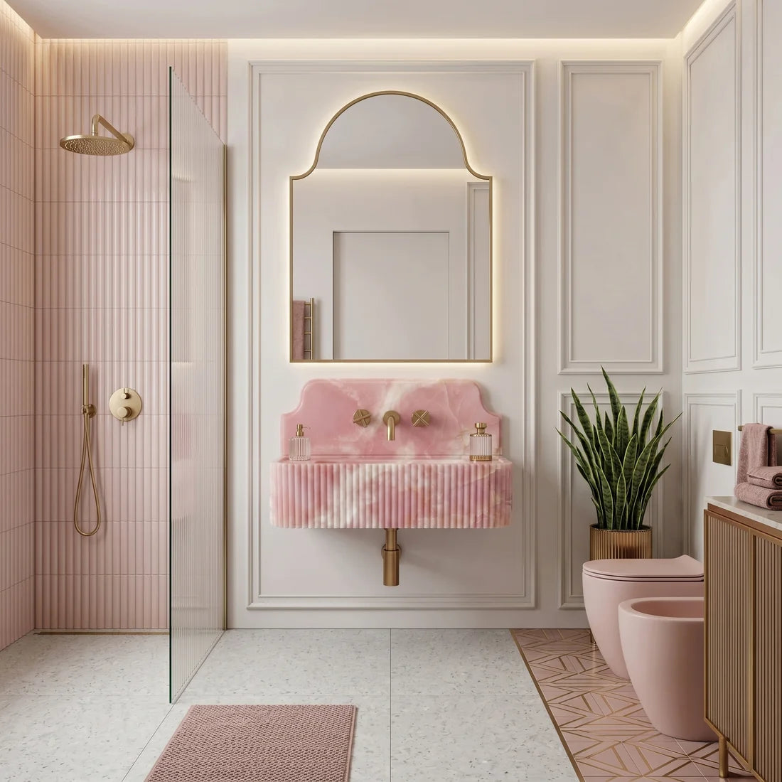 Pink Onyx Backsplash Sink - Fluted