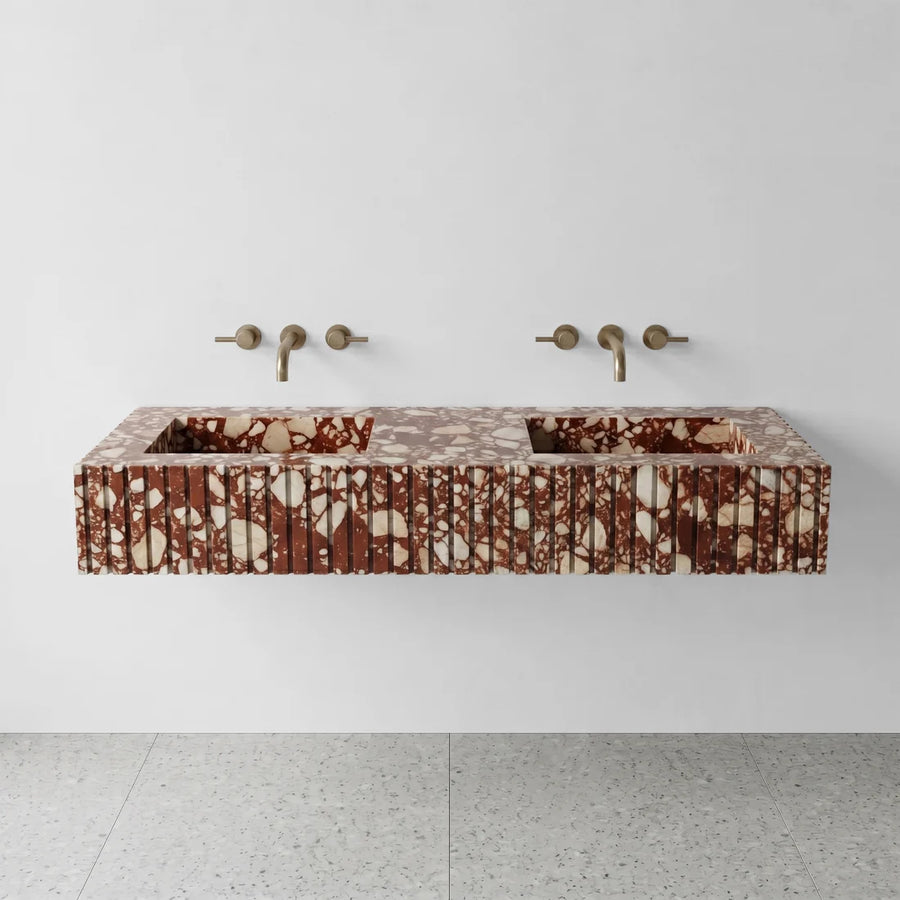 Red Bulgari Marble Double Sink - Fluted