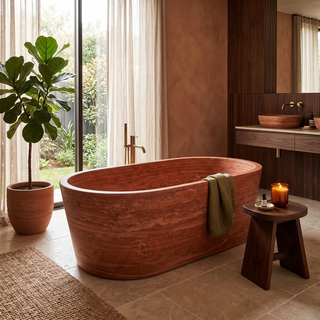 Red Travertine Freestanding Bathtub - Tapered