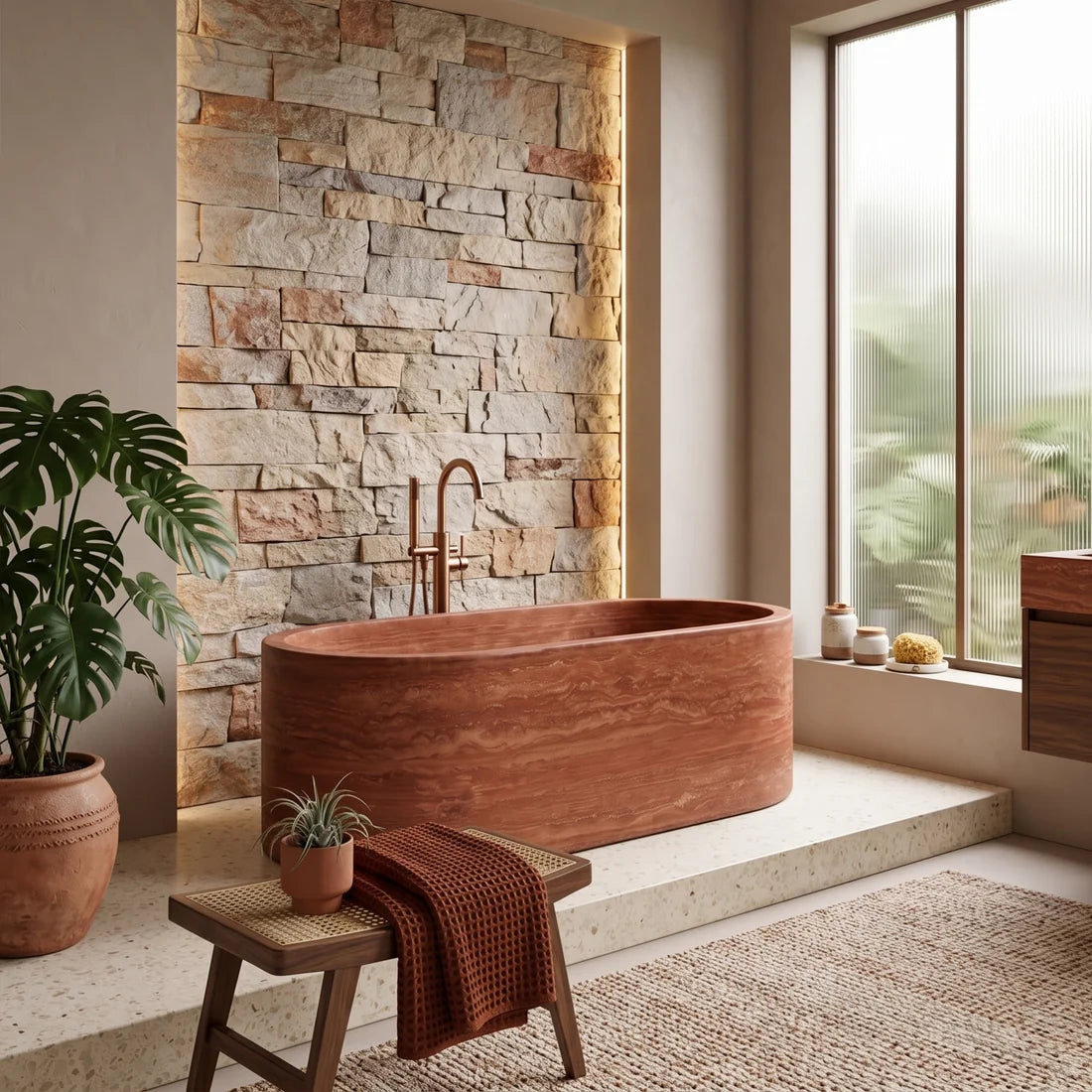 Red Travertine Freestanding Bathtub - Elliptical