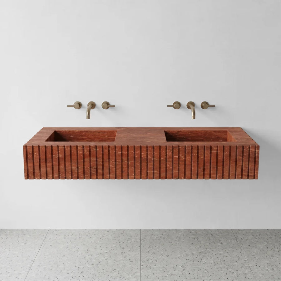 Red Travertine Double Sink - Fluted