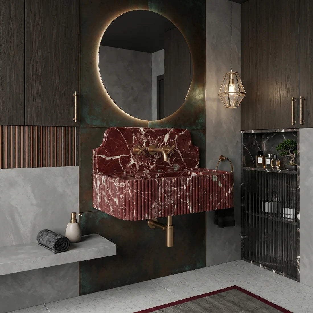 Rosso Levanto Marble Backsplash Sink - Fluted