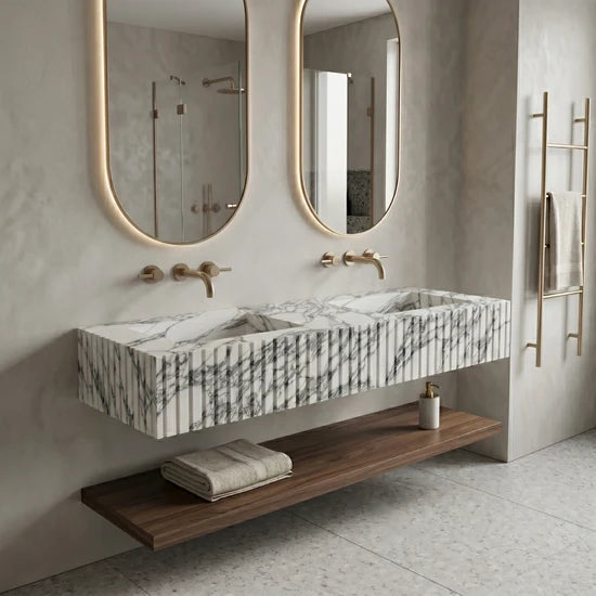 Arabescato Marble Double Sink - Fluted