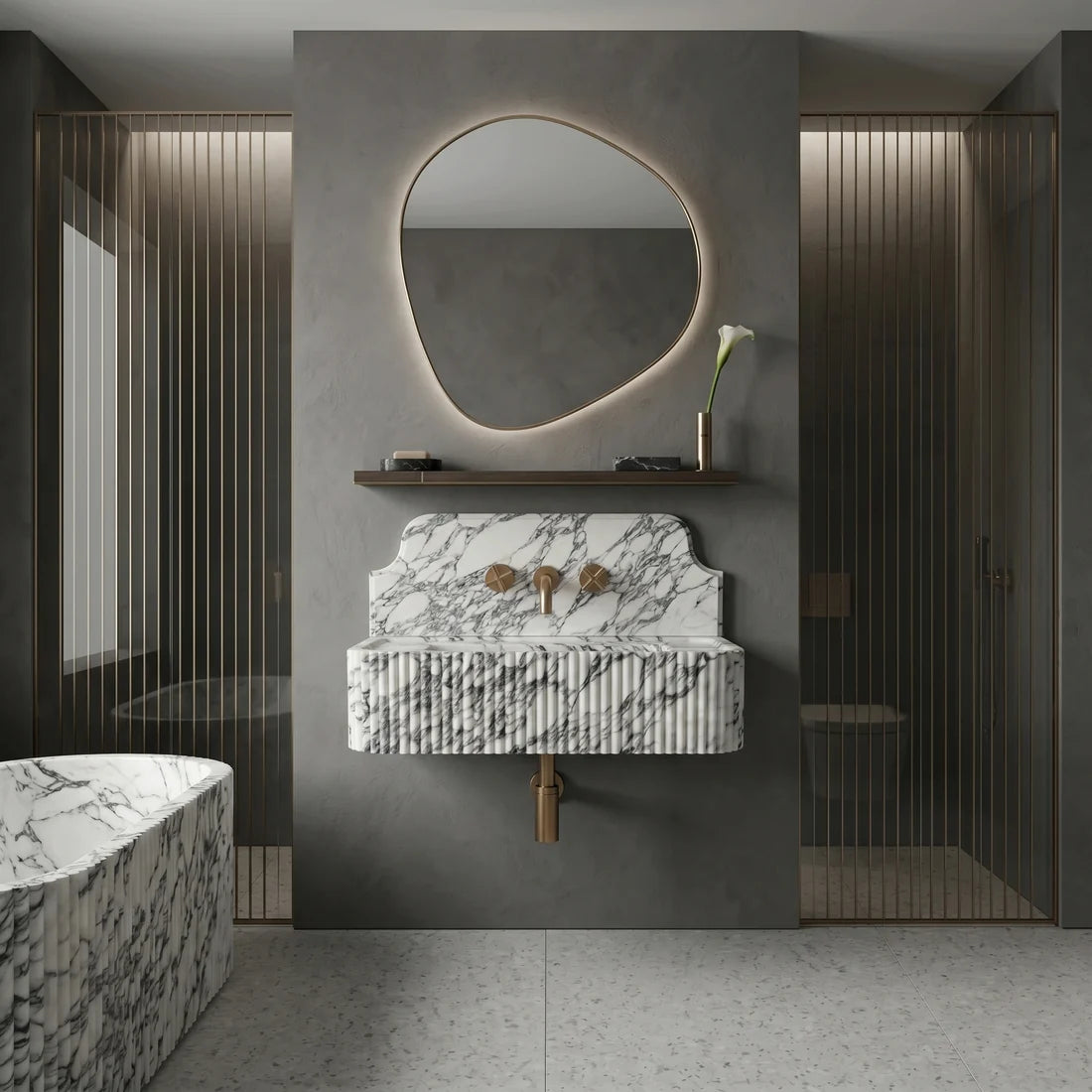 Arabescato Marble Backsplash Sink - Fluted