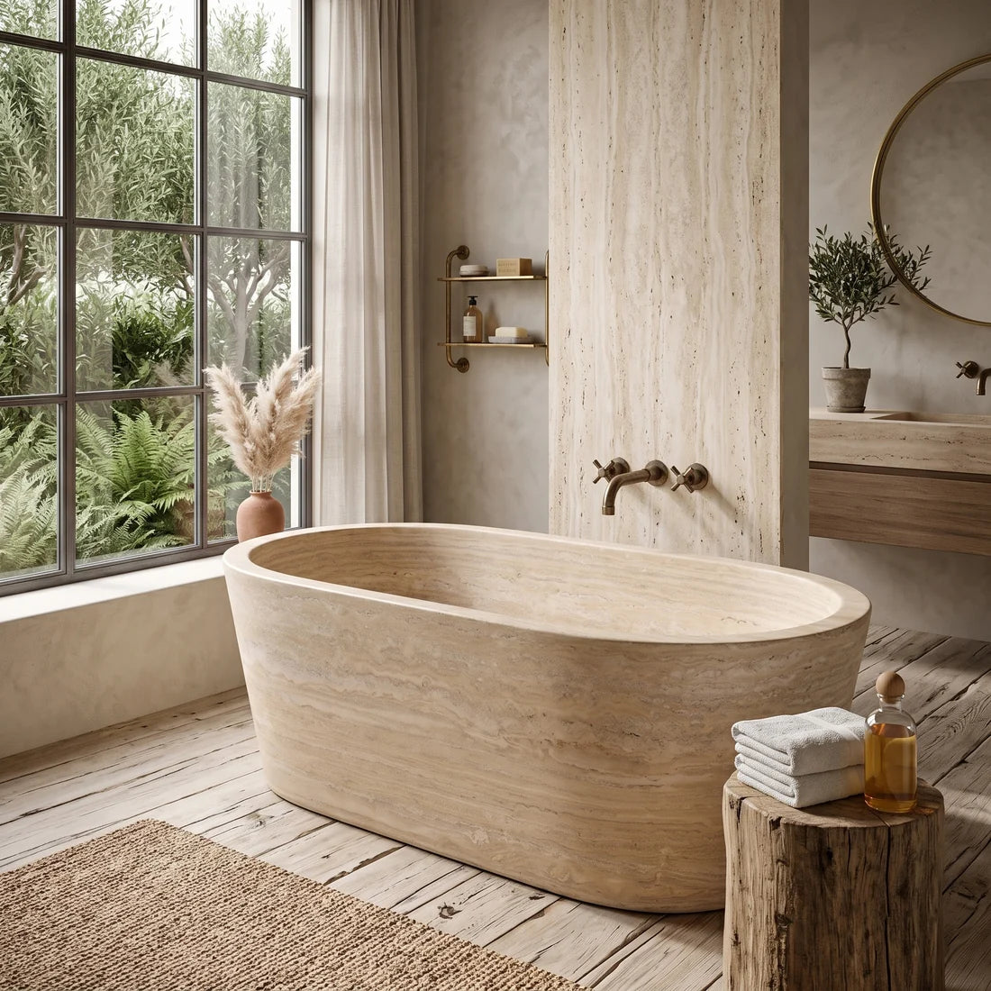 Beige Travertine Freestanding Bathtub - Tapered