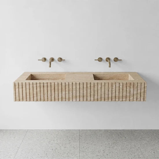 Beige Travertine Double Sink - Fluted