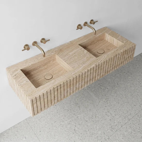 Beige Travertine Double Sink - Fluted