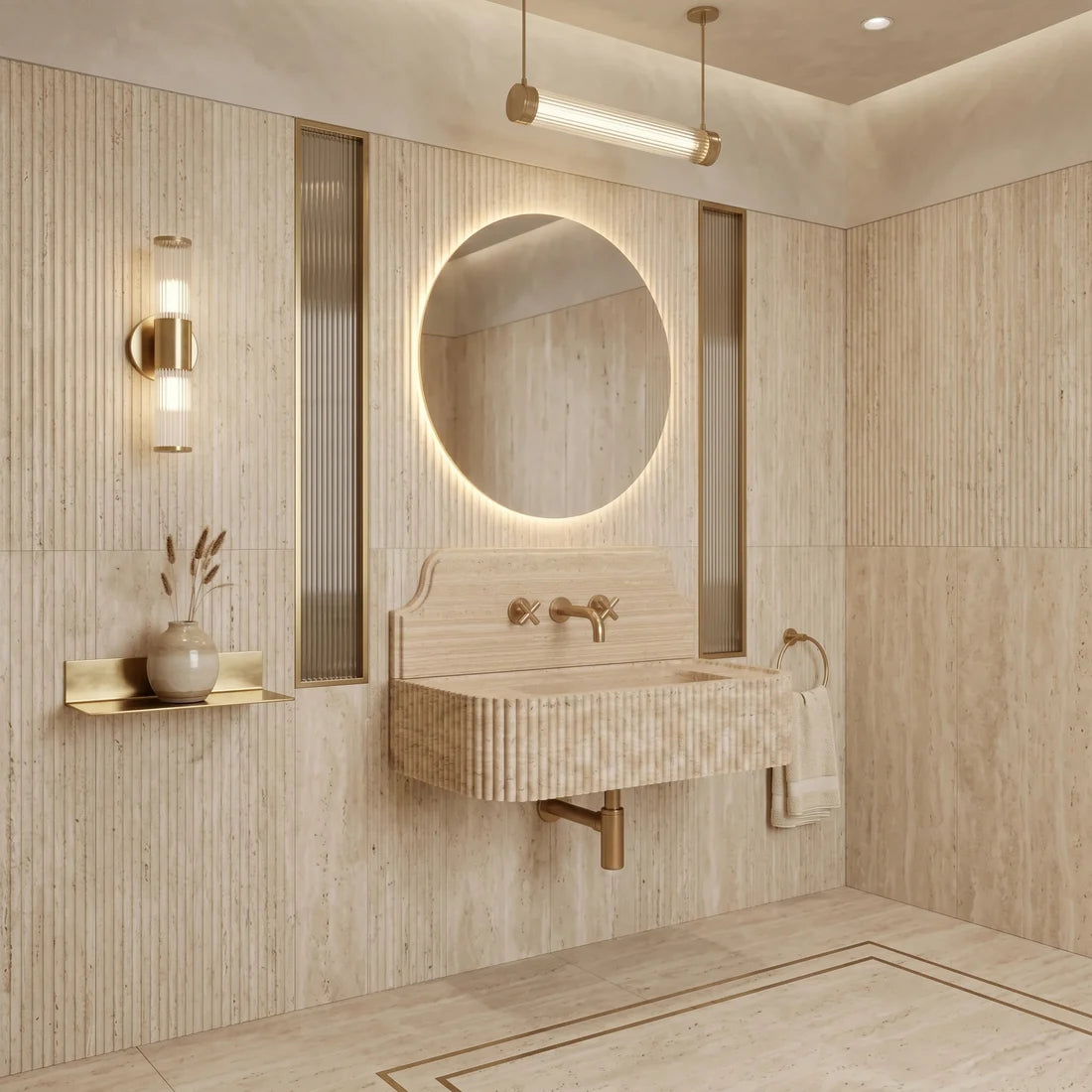 Beige Travertine Backsplash Sink - Fluted
