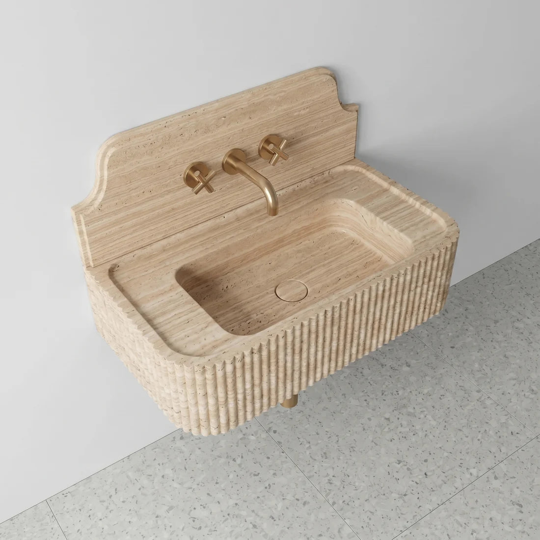 Beige Travertine Backsplash Sink - Fluted