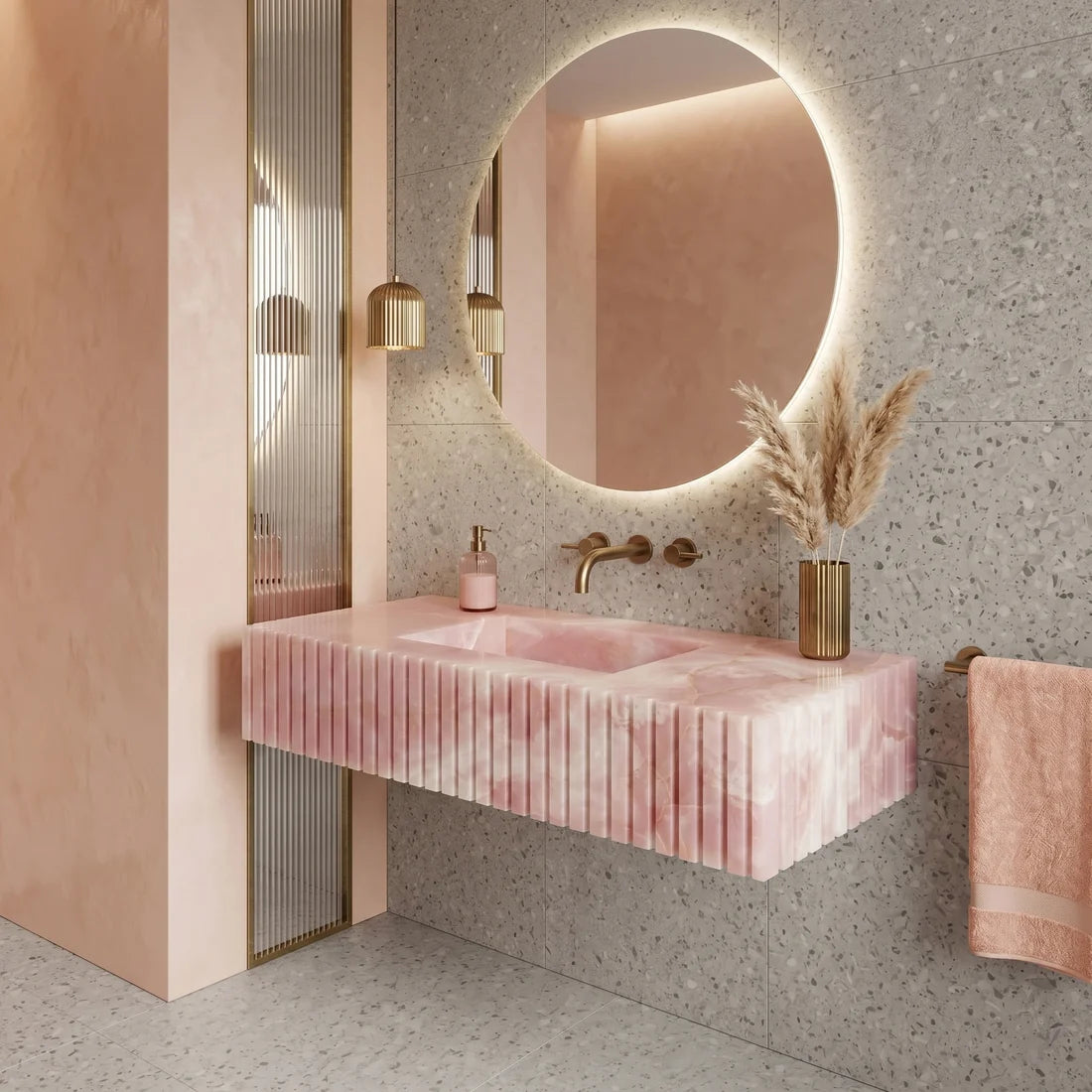 Pink Onyx Single Sink - Fluted