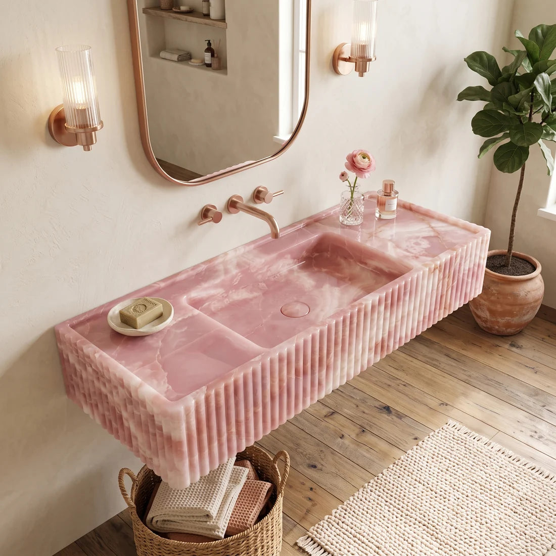 Pink Onyx Monolith Sink - Fluted