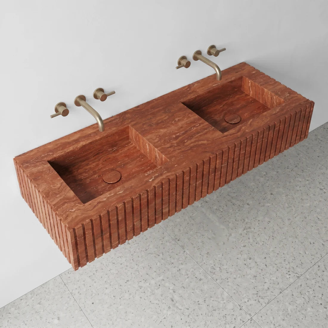 Red Travertine Double Sink - Fluted