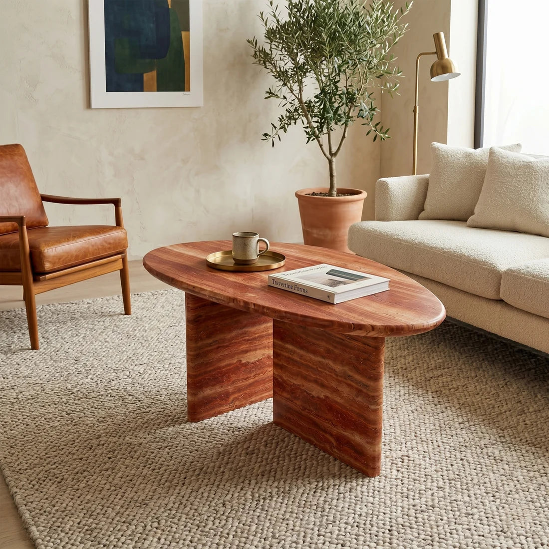 Red Travertine Marble Coffee Table - Pebble