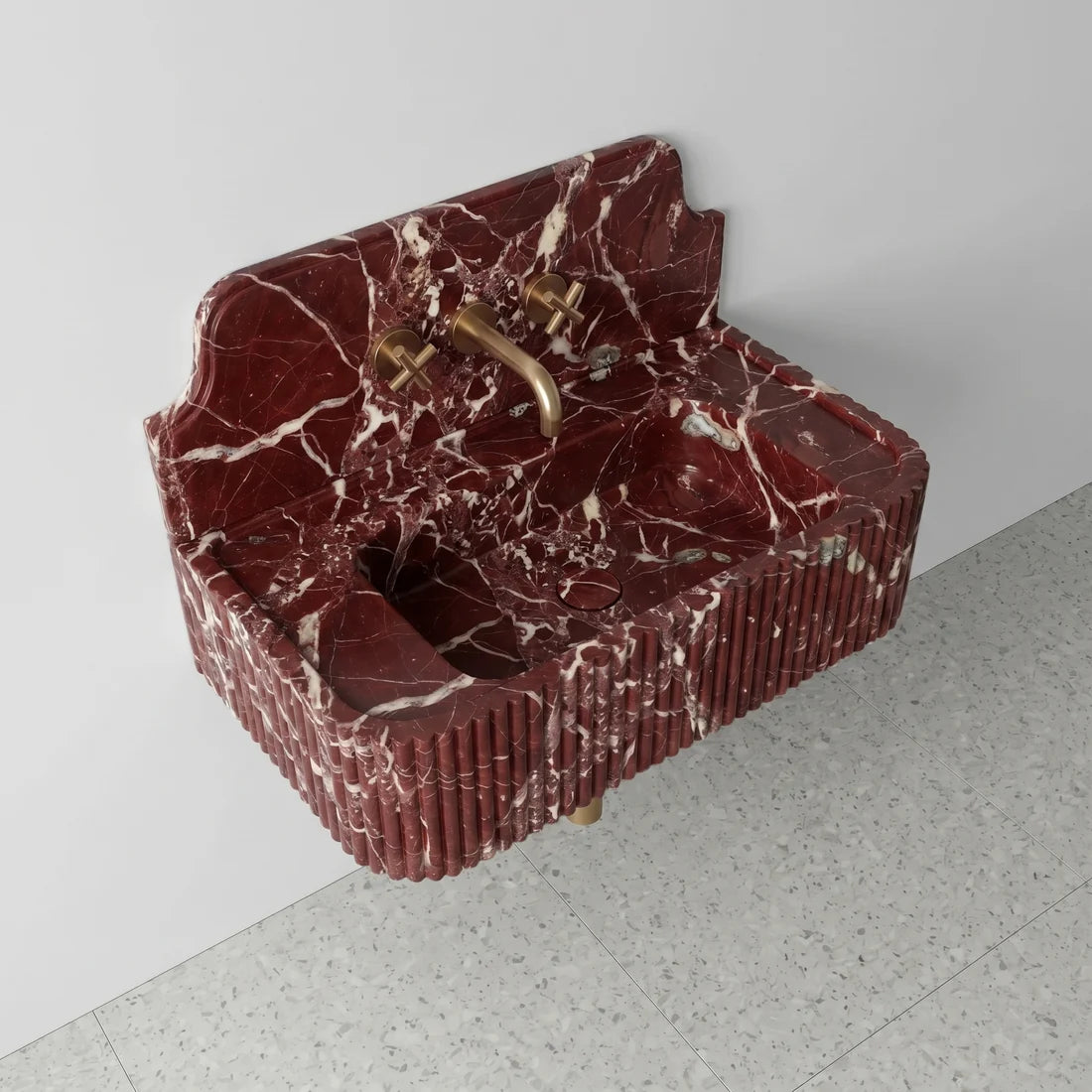 Rosso Levanto Marble Backsplash Sink - Fluted
